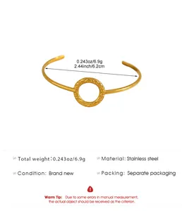 Stainless steel open cuff bracelet with textured circle detail and dimensions