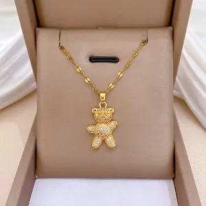 Teddy Bear Pendant Necklace Titanium Steel Chain Copper Micro Paved Rhinestone Zircon Shiny Luxury Jewelry For Women