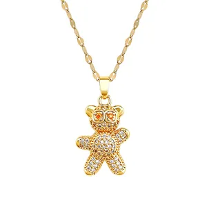 Elegant gold-plated teddy bear pendant necklace with sparkling micro-pave crystals