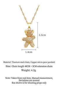 Gold-plated bear pendant necklace with sparkling crystals and titanium steel chain.