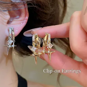 Luxury 18K Gold Plated Zirconia Double Layer Star Clip On Earrings Niche Design Korean ins Style Star Ear Clips Women Jewelry