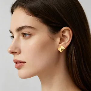 Geometric pyramid gold stud earrings for women in stainless steel minimalist style