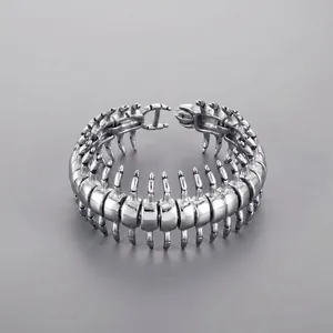 Detail shot of a punk style 3D centipede shaped silver titanium steel bracelet