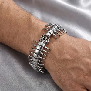 Detailed view of a men's punk 3D centipede bracelet in polished stainless steel
