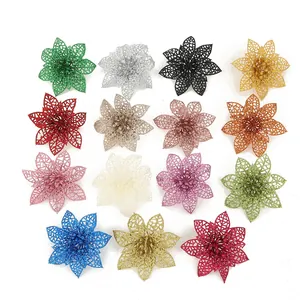 Assorted set of glitter hollow poinsettia flowers for festive Christmas tree decoration