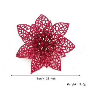 Hollow red glitter poinsettia Christmas flower decoration with size dimensions