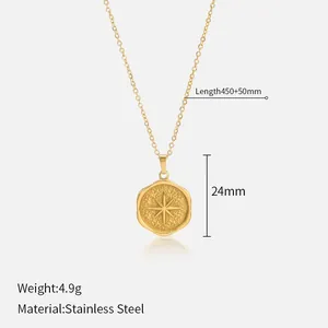 Gold star coin pendant necklace in stainless steel including size and weight specs
