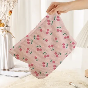 Cute pink corduroy cosmetic storage bag featuring sweet hand-drawn cherry print pattern