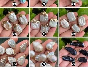Detailed view of various gold-plated Baroque pearl pendants in various irregular shapes