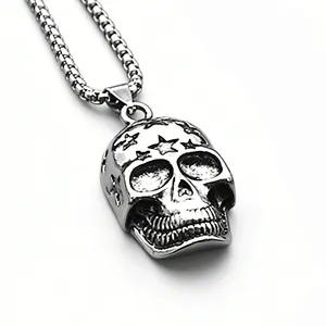 Detailed view of hip hop skull necklace in titanium steel with star patterns