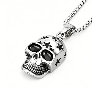 Gothic Punk Skull Star Pendant Necklace For Men Women Hip Hop Titanium Steel Box Chain Gold Silver Stainless Steel Jewelry