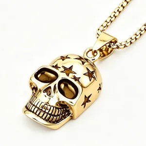 Polished gold hip-hop skull pendant necklace with star engravings on box chain for men