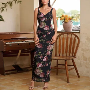 Elegante abito lungo vintage in rete floreale con vestibilità slim sexy bodycon