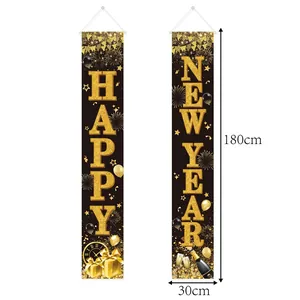 Happy New Year door banner decoration set, 180x30cm gold glitter party porch signs