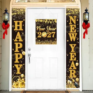 New Year Porch Banner Polyester Cloth Black Gold Festive Party Decoration 2026 Happy New Year Door Sign Hanging Backdrop
