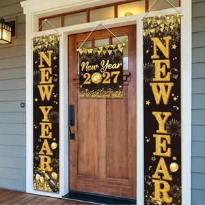 Festive New Year 2027 party door banners with gold glitter text on black background