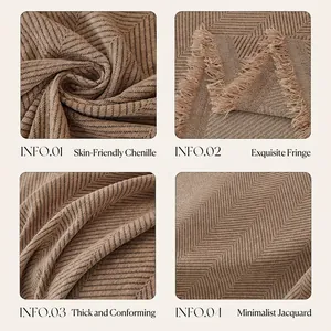 Texture détaillée de la housse de canapé en chenille avec motif à chevrons et franges