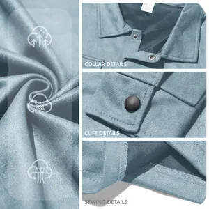 Detailed macro view of a blue faux suede workwear jacket with button collar and cuffs.