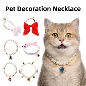Collana Di Künstliche Perle Artificiali Per Animali Domestici Pendente Cuore Strass Fiocco Regolabile Per Gatti Cani Piccoli Accessori