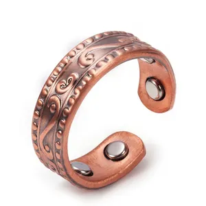 Vintage Copper Magnetic Ring Open Adjustable Scroll Relief Design Fashion Commuter Jewelry For Men Women