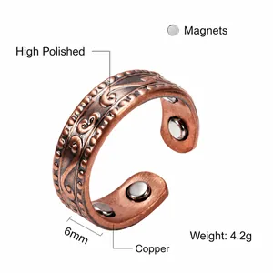 Vintage magnetic copper ring with auspicious pattern engraving and 6mm adjustable open band