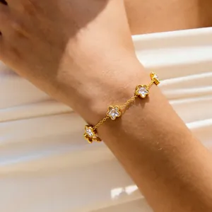 Close-up detail of a vintage gold-tone bracelet with sparkling star charms on a model wrist.
