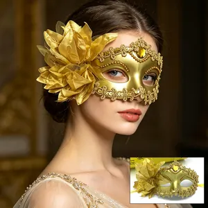 Elegant gold masquerade mask with large side flower and intricate sequin detailing