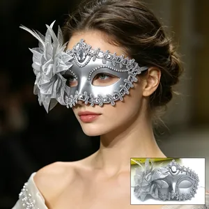 Elegant silver Venetian masquerade mask with large side flower and sequins decor