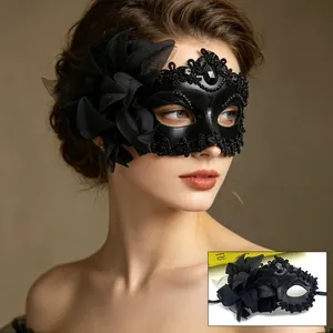 Elegant black lace masquerade mask with a large side flower for Halloween party costumes