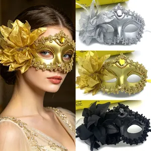 Elegant Masquerade Mask Half Face Mesh Flower Sequins Faux Gem Venetian Carnival Halloween Costume Party Accessory Women