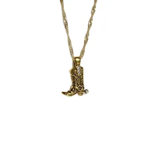 Vintage golden Western cowboy boot pendant necklace with sparkling rhinestones for women