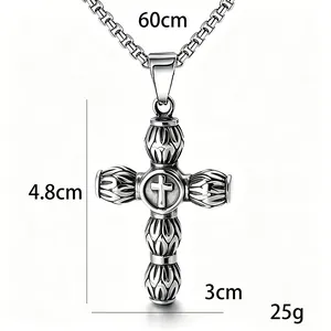Vintage cylindrical cross pendant necklace in stainless steel with 60cm box chain