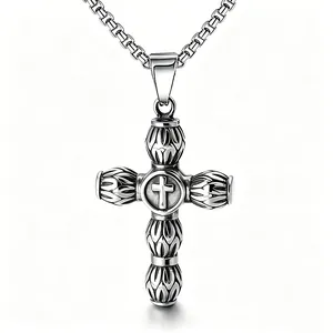 Retro Stainless Steel Cross Pendant Necklace For Men Women Vintage Punk Gothic Alloy Pendant Jewelry Silver Tone Gift
