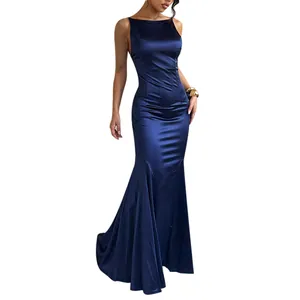 Robe de soirée sirène élégante en satin bleu marine avec dos nu et col bateau