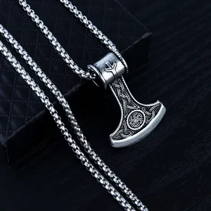 Retro stainless steel Viking Thor's Hammer Mjolnir pendant necklace with box chain for men