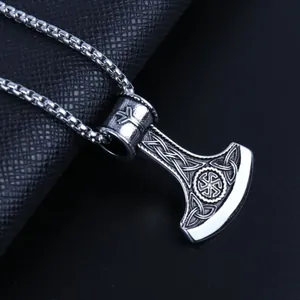 Vintage Viking Thor's Hammer Mjolnir necklace in titanium steel with Norse runes