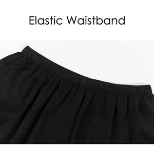 Detail view of the comfortable elastic waistband on these black satin sleep shorts