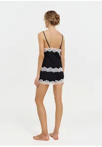 Back view of black French style satin pajama set with exquisite white lace trim for women