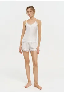 Elegant white lace camisole and shorts pajama set, French style silk-like loungewear