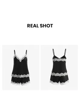 Detailed front and back view of elegant black satin pajama set with white lace trim