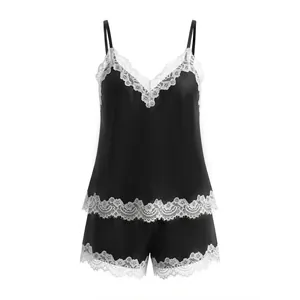 French style black satin pajama set with white lace trim for women, cami top and shorts set