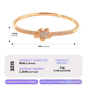 Bracelet tortue en or rose avec zircons, diamètre de 6 cm et poids de 11 g inclus