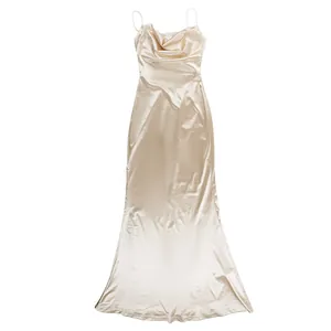 Elegant champagne satin cowl neck maxi slip dress with thin straps and slim fit design