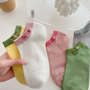 Summer thin cotton invisible socks with heart and smile embroidery in various colors