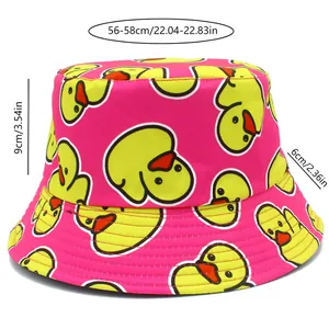 Vibrant pink bucket hat with yellow duck pattern including size dimensions for outdoor use