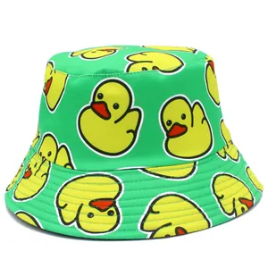 Fashionable green bucket hat featuring an all-over cartoon yellow duck print for sun protection