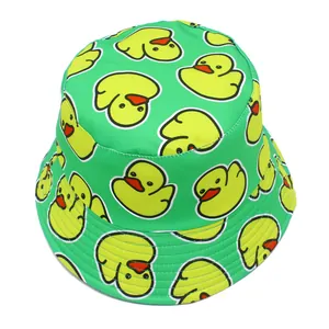 Detailed view of vibrant green bucket hat featuring all-over yellow cartoon duck print