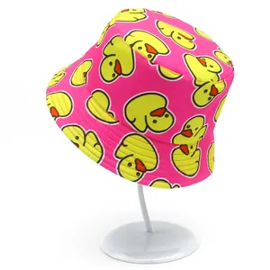 Vibrant pink bucket hat featuring all-over yellow cartoon duck prints on a white stand.