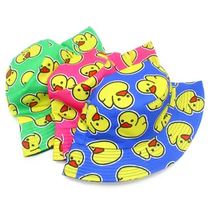 Vibrant bucket hats featuring an all-over yellow cartoon duck print for outdoor sun protection