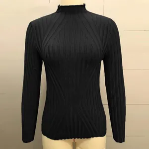 Detailed view of women's black ribbed mock neck knit sweater with vertical texture